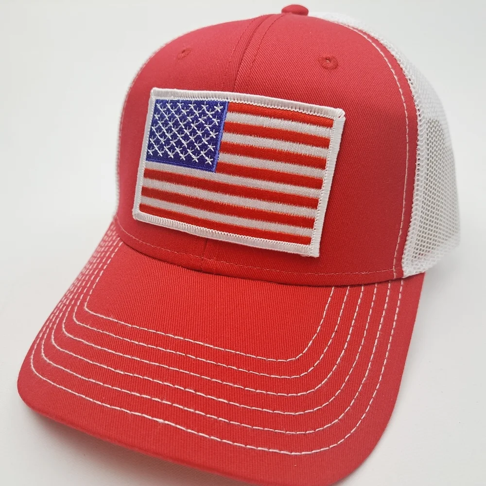 USA American Flag Embroidered Patch Trucker Mesh Snapback Cap Hat Red